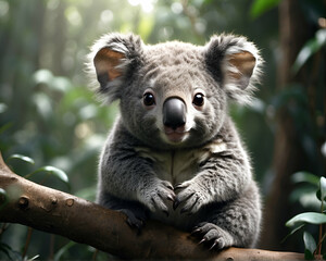 A cute Kawaii tiny hyper realistic koala with a plain background.