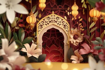 Arabic lanterns with flowers and leaves on a red background