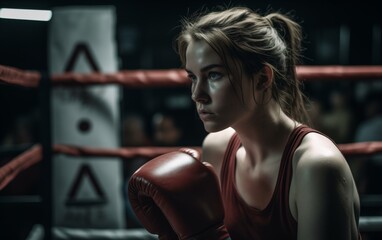 girl boxer in the ring  - obrazy, fototapety, plakaty