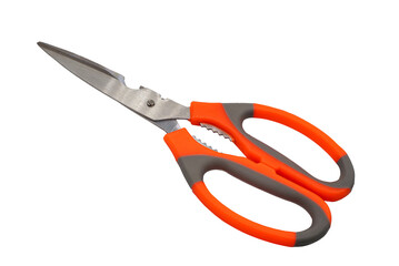 scissors with orange and grey plastic handle isolated on white background in png format