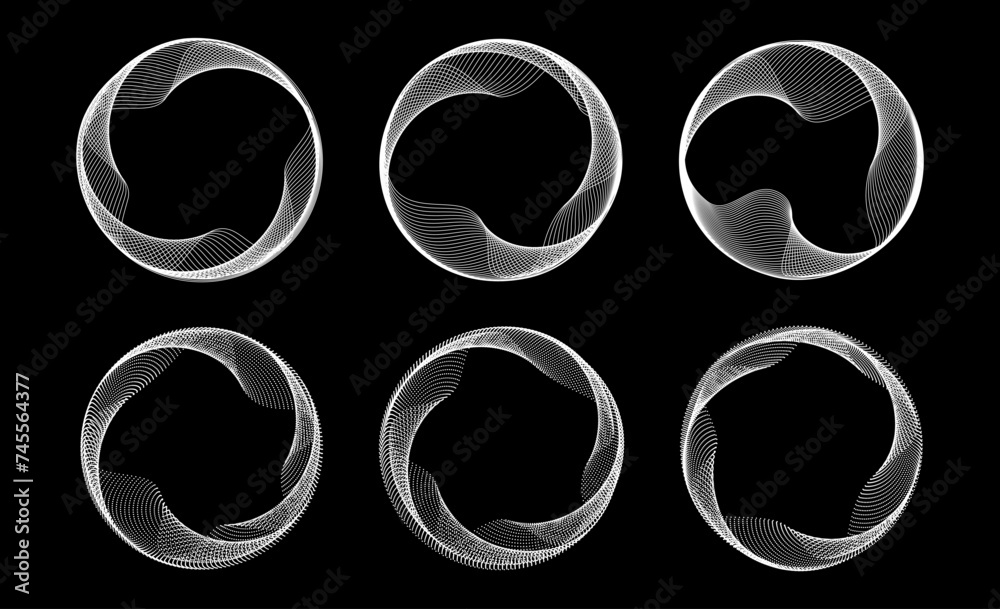 Poster Blend dotted and lined circle frames set. Black white round border collection. Curved wave dot and linear circles on black background. Circular tech border pack. Vector design element bundle