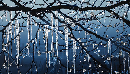 tree branches covered with snow crystallized winter icicles dripping diamond - obrazy, fototapety, plakaty