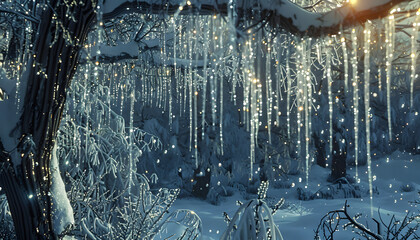 branches covered with snow crystallized winter icicles dripping diamond hanging ice - obrazy, fototapety, plakaty