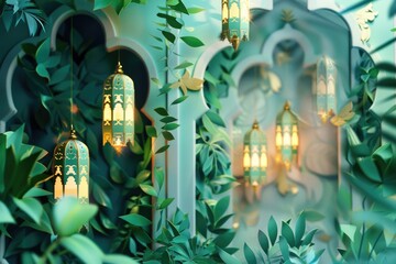 Ramadan Kareem background with arabic lanterns and flowers in green room - obrazy, fototapety, plakaty