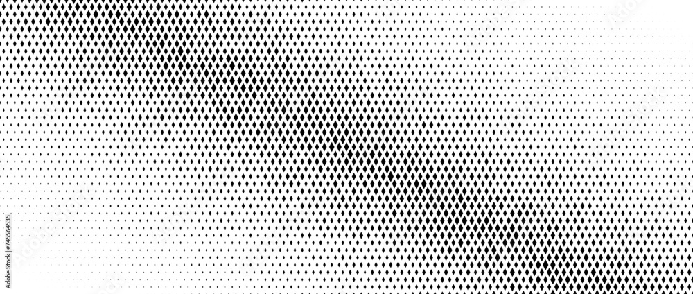 Poster Rhombus gradient halftone texture. Diamond shape dot fading background. Abstract geometric particle vanishing gradient. Rhomb shape grunge overlay structure. Vector black white wallpaper