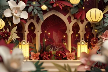 Arabic lanterns with flowers and leaves on a red background