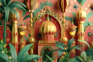 Lanterns decorate the entrance to the mosque. Ramadan Kareem background