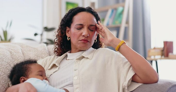 Woman, baby and stress headache on sofa for child development care with fatigue, migraine or injury. Female person, kid and temple pain problem with anxiety risk for burnout, inflammation or tired