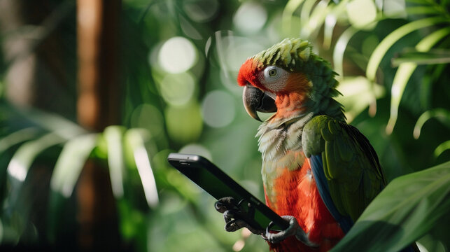 A parrot speaking into a voice activated device minimalist portrait highlighting the communication between animals and technology