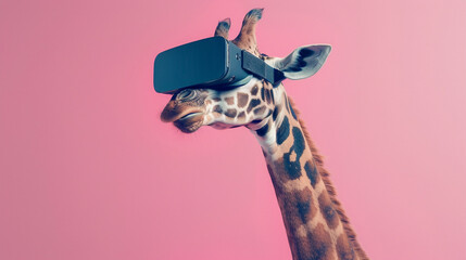 Giraffe with VR headset exploring virtual worlds minimalist tech portrait showcasing the height of technology - obrazy, fototapety, plakaty