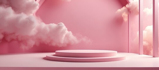 Pink 3D Product Podium with Cloudy Sky Background