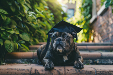 Black Bulldog with Graduation Cap