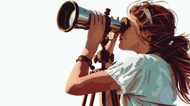 Woman With Telescope Isolated on White Background Ve
