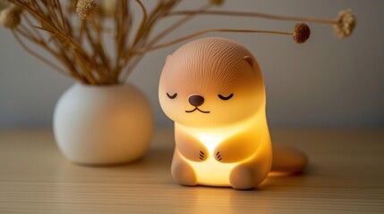 In a stylish modern children's room there is an otter lamp next to the bed. Restful sleep, time to dream, peace and wisdom, sweet dreams. Calm and relax