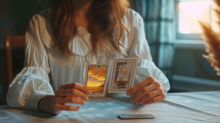 Young woman tarologist lays out tarot cards on the table, fortune telling, predicting the future. Astrology theme - obrazy, fototapety, plakaty