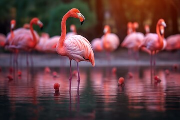 Flamingo lake water. Zoo birds. Generate Ai - obrazy, fototapety, plakaty