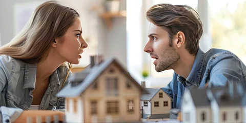 Fotobehang Newlywed couple stands outside of new house arguing and yelling at each other - relationship conflict and real estate © Brian