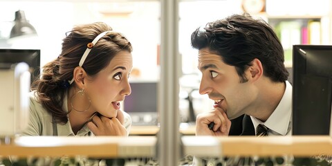Coworkers flirting at the office - workplace dating and romance concept with flirtatious looks of infatuation  - obrazy, fototapety, plakaty