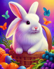 Cute fluffy bunny in a basket. AI generated.