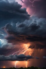 Fototapeta na wymiar Thunderstorm in the night sky with lightning and thunderclouds. Nature composition.