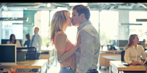Coworkers kissing at the office - workplace dating and romance concept with flirtatious looks of infatuation  - obrazy, fototapety, plakaty