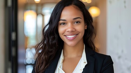 Obraz premium Executive business woman - African American woman climbing the corporate ladder in business professional attire at the office