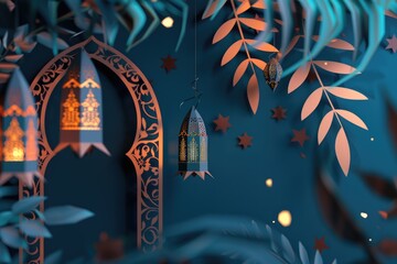 Lanterns on the dark blue background Ramadan Kareem and Eid Mubarak