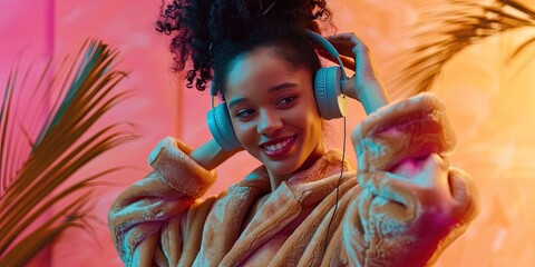 Pretty woman with headphones dancing in a colorful silk robe with copy space