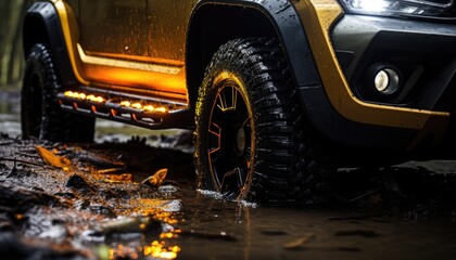 Off-road vehicle in the water. Off-road vehicle.