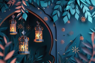 Lanterns on the dark blue background Ramadan Kareem and Eid Mubarak
