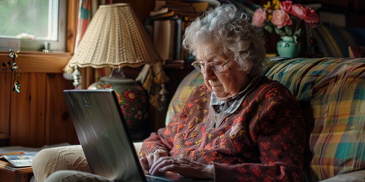Senior citizen boomer Female developer codes on her laptop while working from home (wfh)