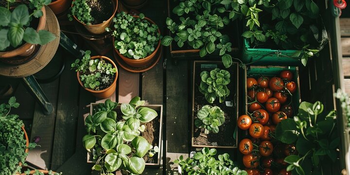 Gardening concept with a homesteader farming their own land using a home garden full of fruits, vegetables, herbs, and spices. Overhead interior photo of food supply