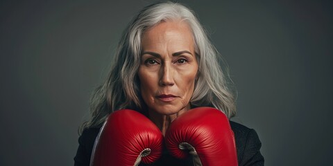 White female Senior citizen wearing boxing gloves and posing with copy space to show elderly fitness, athletics, and fighting strength and courage - obrazy, fototapety, plakaty