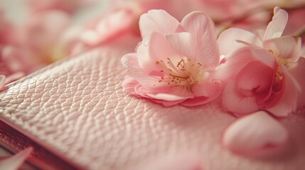 A close-up of a pink leather wallet on a soft beige background, surrounded by petals of spring flowers.