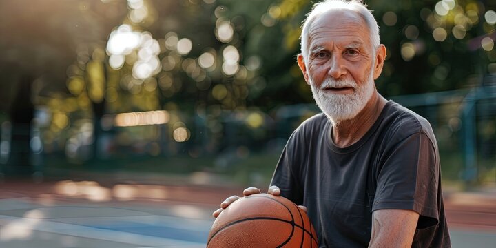 Older white guy with a basketball ready to play a pick up game on the court for an active healthy fitness lifestyle