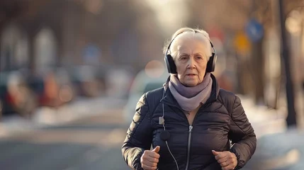 Fotobehang Older woman jogging outdoors in the neighborhood wearing headphones and jacket © Brian