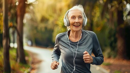 Older woman jogging outdoors in the park wearing headphones and jacket - obrazy, fototapety, plakaty