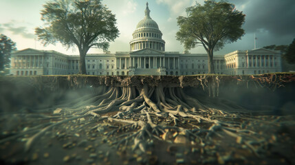 3D Capitol with dollar roots, showing the deep financial foundations of politics - obrazy, fototapety, plakaty
