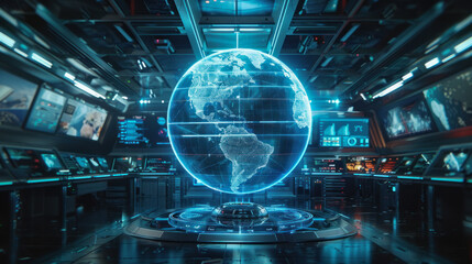 A holographic globe highlighting geopolitical risks to corporate operations, in a futuristic risk analysis lab