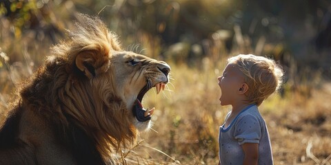 Toddler (human child) yelling at an adult lion