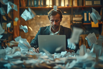 Businessman focused on laptop, growth documents floating, office blur