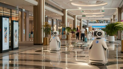 A shopping mall with vendors that are all AI robots - obrazy, fototapety, plakaty