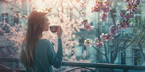 Woman enjoys a cup of coffee on the balcony outdoors in the morning in the spring season with flowers in bloom