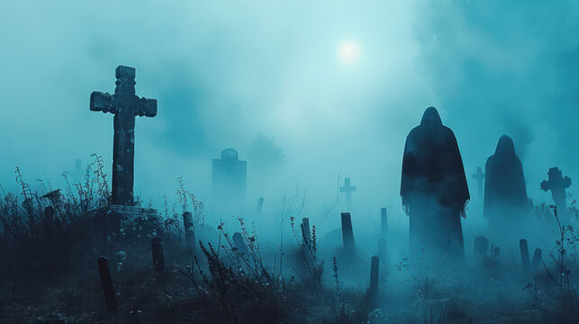Eerie graveyard at midnight, skeletons emerging from the mist, a chilling book cover design