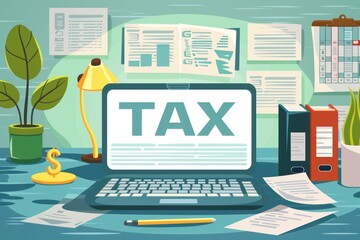 Government taxes and calculation tax return concept , Tax return online for tax payment , Government, state taxes, paperwork, financial research, report - obrazy, fototapety, plakaty
