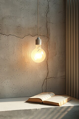 Vertical 3D render of a bright lightbulb above a book, representing the height of intellectual...