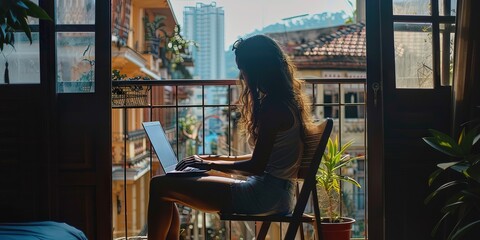 Silhouette of Woman using laptop to work from home (wfh) on her condo balcony - obrazy, fototapety, plakaty