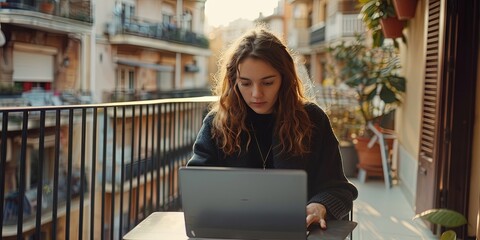 Woman using laptop to work from home (wfh) on her condo balcony - obrazy, fototapety, plakaty