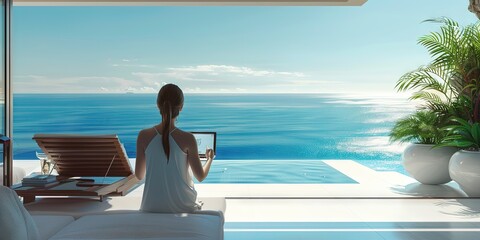 Young woman uses laptop to work by the pool - remote work concept outdoors for summer and spring seasons - obrazy, fototapety, plakaty