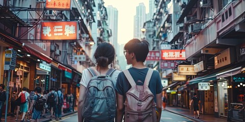 Young Millennial older Gen Z couple of tourists (man and woman) explore the city while on a vacation trip - Powered by Adobe